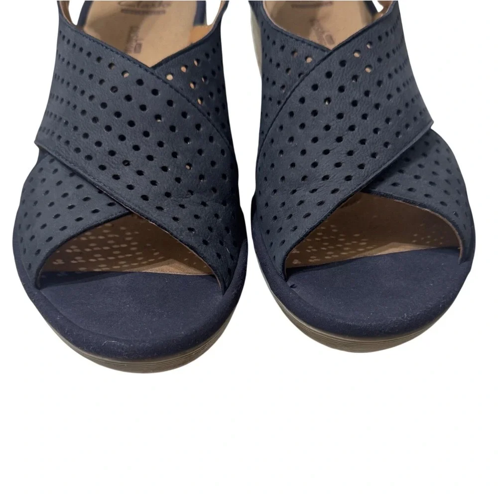 Clarks Reedly Variel Navy Suede Wedge Sandals Womens 9 Ortholite Platform